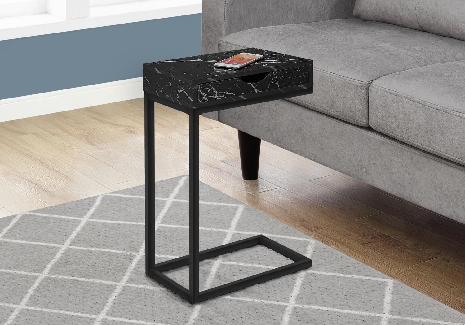Monarch Specialties 3604, C-shaped, End, Side, Snack, Storage, Living Room, Bedroom, Laminate, Contemporary Accent Table Drawer, 16" L x 10.25" W x 24.5" H, Black Marble-Look/Black Metal